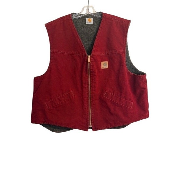 Carhartt Other - Carhartt V13 CRI Crimson Red Duck Vest Grey Sherpa Lining Workwear Rare 2XL USA